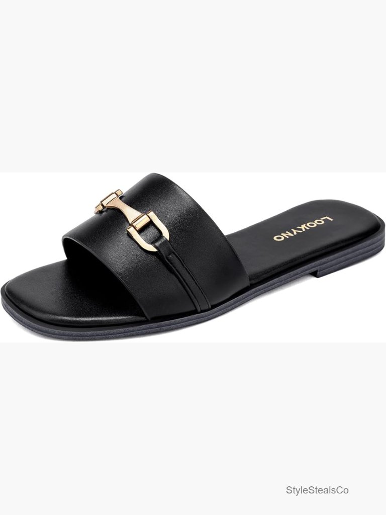 Square Open Toe Flat Sandals Slip On Comfortable Leather Slides